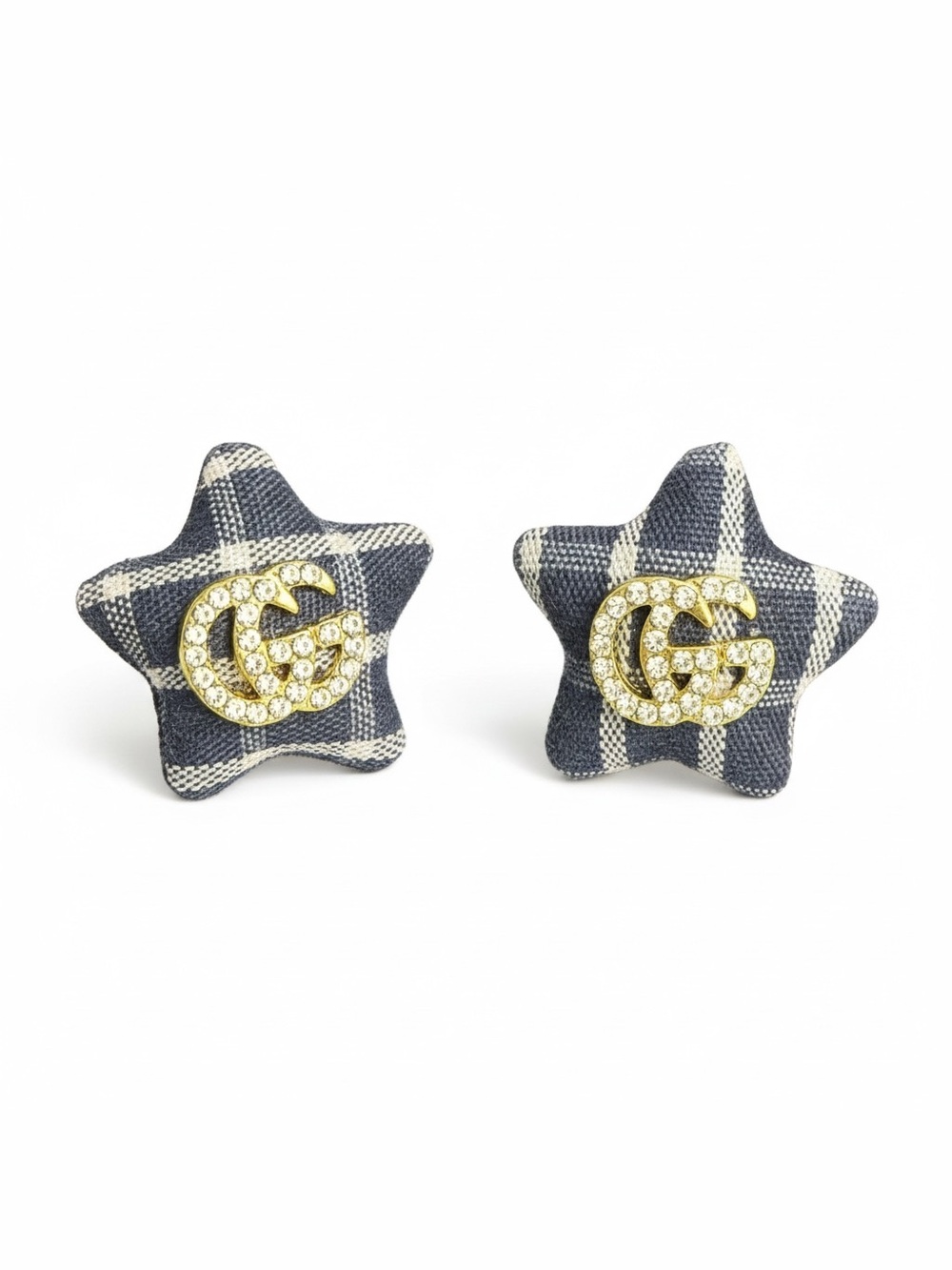 Rhinestone Double G Navy Plaid Star small stud earrings 925 post new